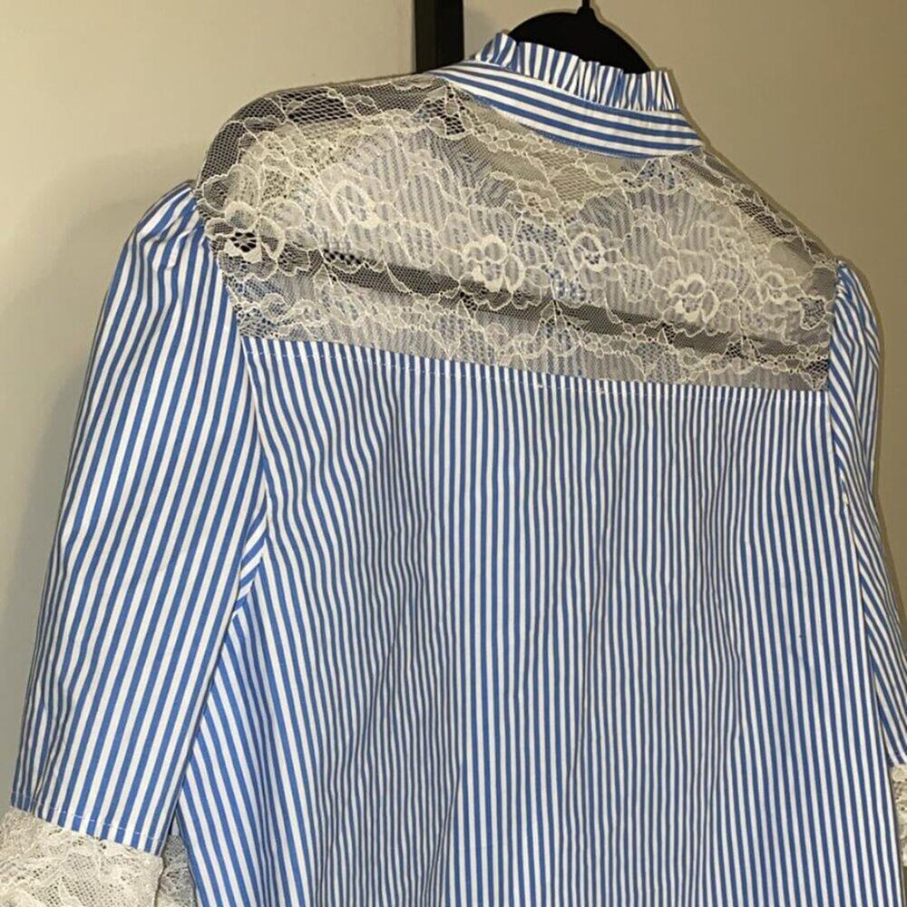 Halston Women Blue Striped Stretch Poplin Lace-Trimmed Blouse Top - Picture 6 of 9